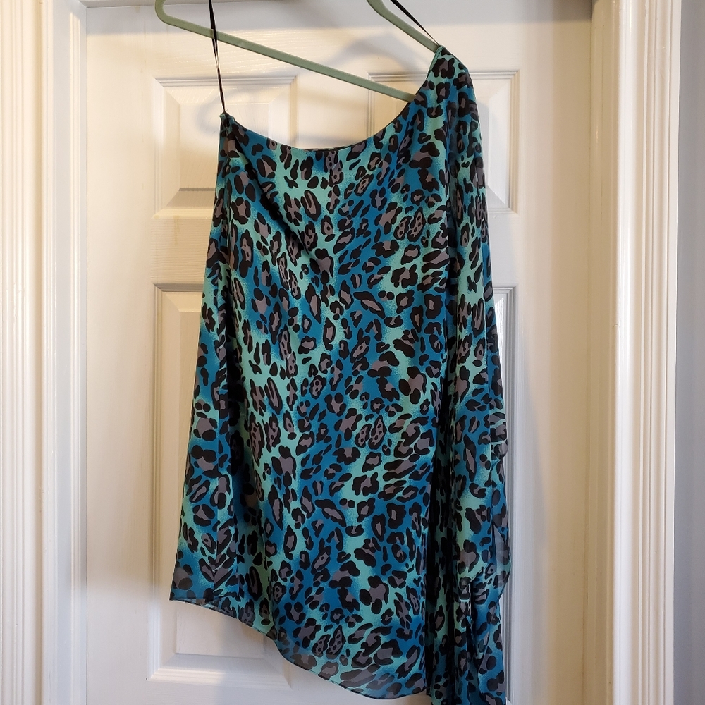 One shoulder, blue leopard mini dress